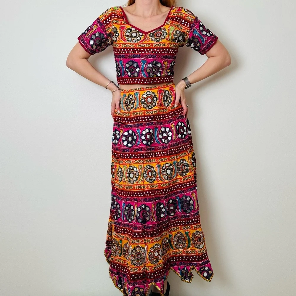 Aari Embroidered Cotton Skirt Mirror Work Indian Lehenga Choli Set Top Colorful - Picture 4 of 8